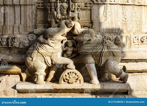 Stone Carving of Two Elephants, Meera Jain Temple, Chittorgarh (Fort ...
