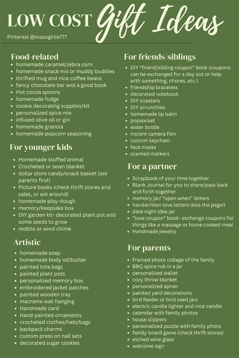 Low-Cost Gift Guide (green version) in 2025 | Diy gifts to make, Cute ...