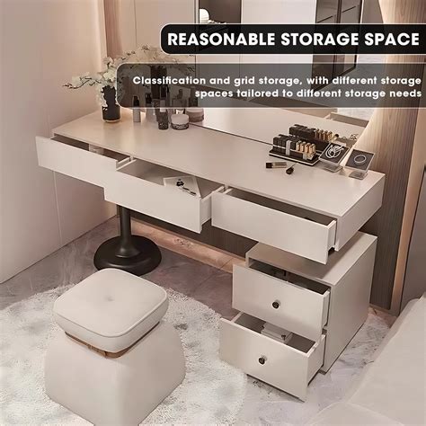 5 Drawers Minimalist Dressing Table with Circle Backlit Mirror – High QLO