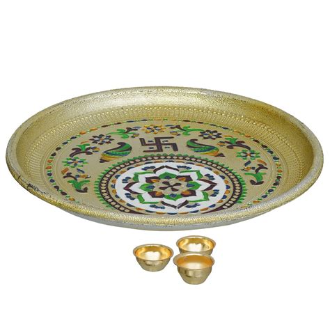 JaipurCraftsPremium Gold Meenakari Pooja thali Set with 3 Roli Chawal ...