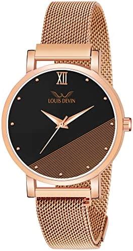 LOUIS DEVIN Black Dial and Rose Gold Plated Band Mesh Chain Analog ...