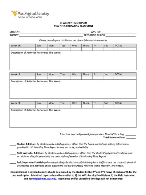 Fillable Online socialwork wvu BSW Field Placement Bi-Weekly Time ...