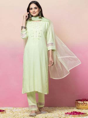 Buy Indya Pastel Green Thread Embroidered Rayon Kurta with Pant and ...