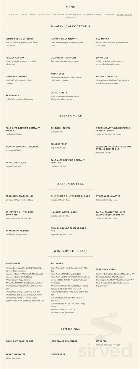 British Bankers Club menu in Menlo Park, California, USA