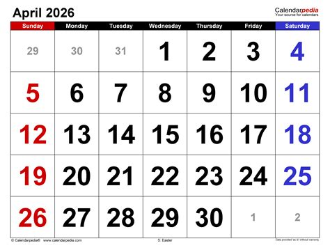 April 2026 Calendar | Templates for PDF, Excel and Word