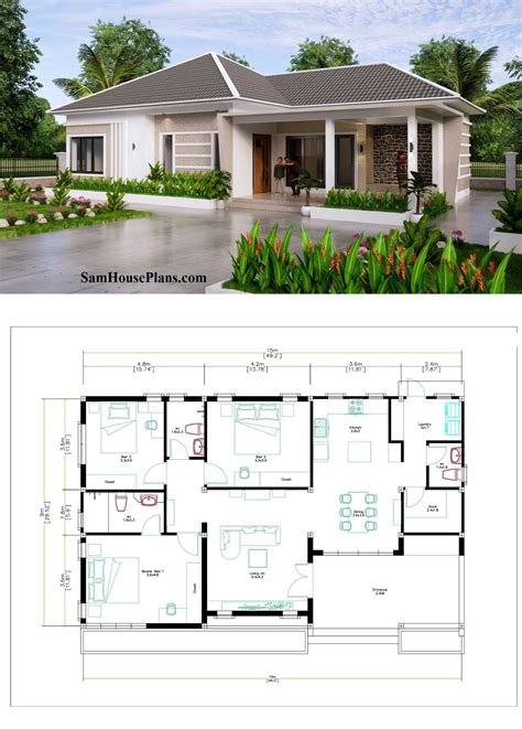49x30 Feet House Design Plan 15x9 Meter 3 Beds 3 Baths Hip Roof (A4 ...