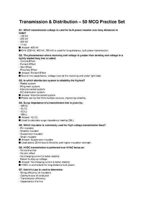 T&D 50 MCQ Practice Set: Transmission & Distribution Concepts - Studocu