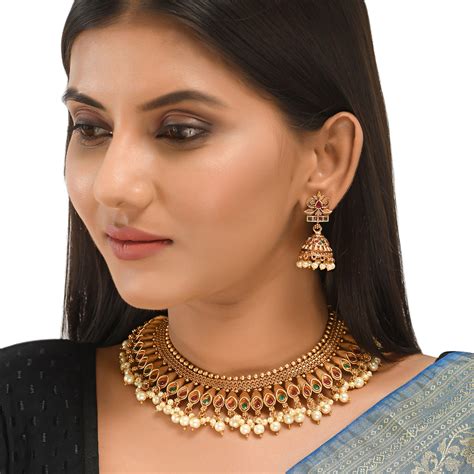 Zircon Gems and Faux Pearls Opulent Yellow Gold Plated Brass Jewellery ...