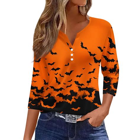 HaHaHappy Halloween Shirts for Women 3/4 Sleeve T-Shirts Spooky Bat ...