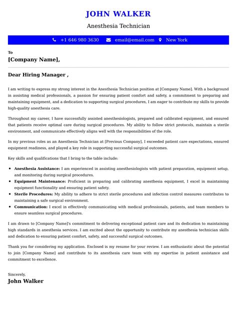 Anesthesia Technician Cover Letter Examples for UAE