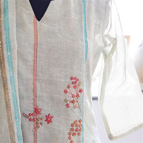 Light Brown and Pista Green Kurti Set Embroidery With Embroidery Dupat ...