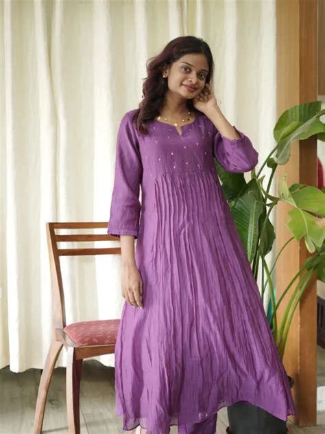 Violet colour malai chanderi A-line top and bottom