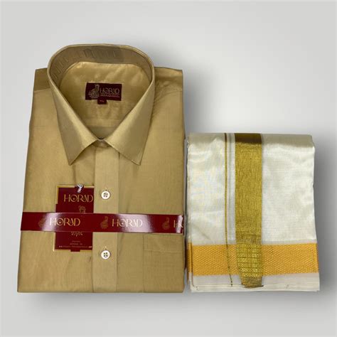 Horad Premium Art Silk Light Gold Shirt + Cream with Gold Dhoti – HORAD