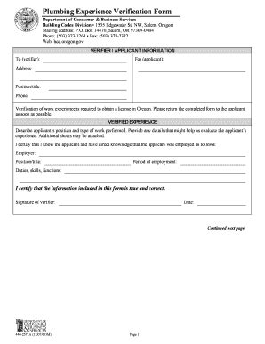 Fillable Online oregon Plumbing Experience Verification Form - oregon ...