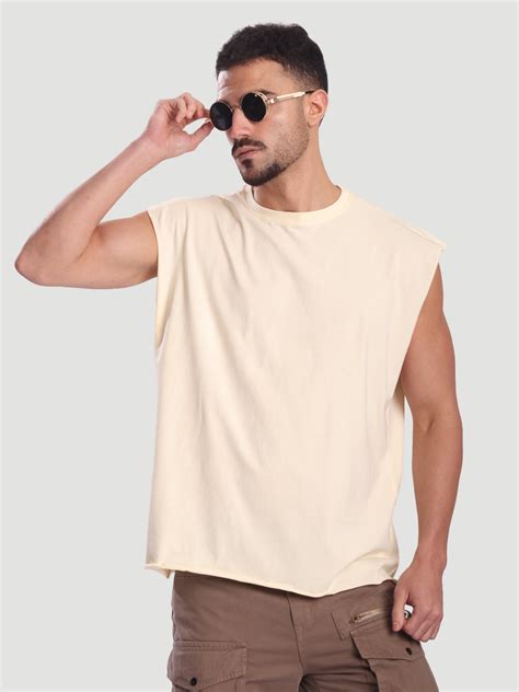 Men Cream coloured Sleeveless Oversized T Shirt – MINTOBAY