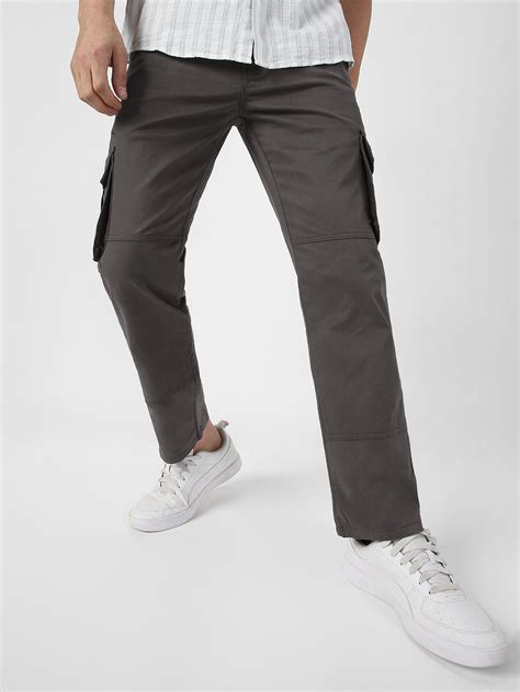 Urbano Fashion Men's Dark Grey Regular Fit Solid Cargo Chino Pant with