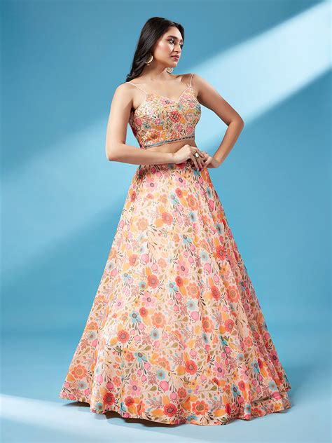 Orange Organza Floral Printed Semi-Stitched Lehenga choli &a