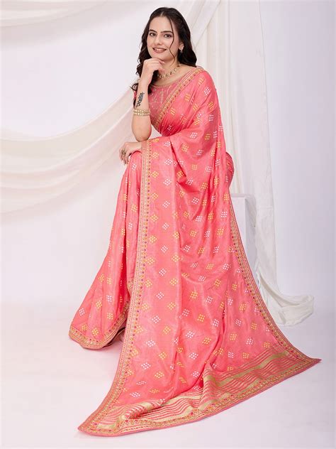 Buy Coral Pink Bandhani Printed Silk Saree From Ethnic Plus
