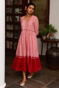 Buy Pink Cotton Lurex V Neck Striped Handwoven Dress For Women by ...