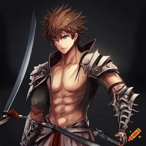 Anime-style male warrior with spiky brown hair and dual swords on Craiyon