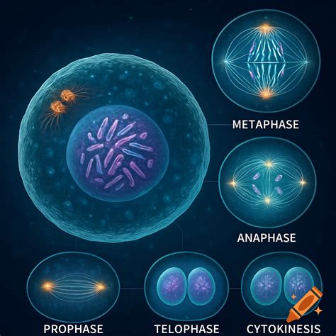 Detailed scientific illustration of animal cell mitosis, showing prophase, metaphase, anaphase ...