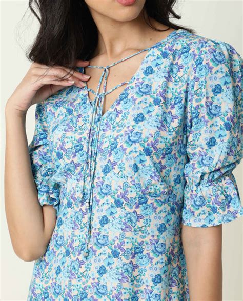 Rareism Women's Eon Blue Viscose Puff Sleeve V-Neck Slim Fit Dress