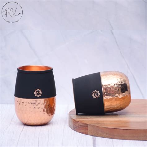 Pure Copper Water Glass Set of 2 Silk Black Half Hammered Dholak Tumbl ...