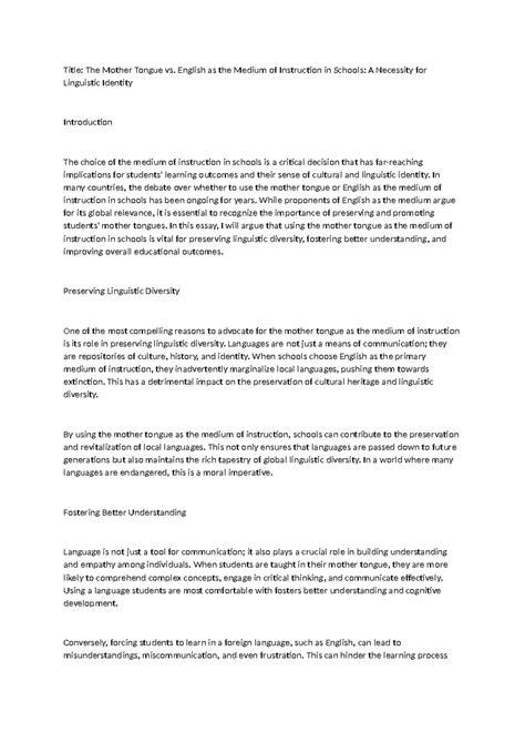 Argumentative - Title: The Mother Tongue vs. English as the Medium of ...