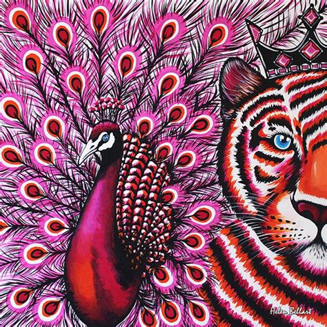 Pink Peacock & Tiger Painting by Helen Bellart | Saatchi Art