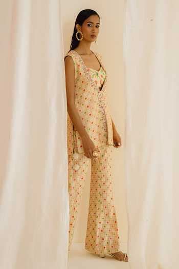 Buy Cream Denim, Crepe, Silk Embroidery Sweetheart Floral Print Jacket ...