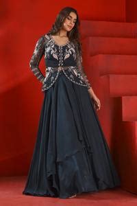 Buy Green Crepe Embroidery V-neck Peplum Jacket And Lehenga Set For ...