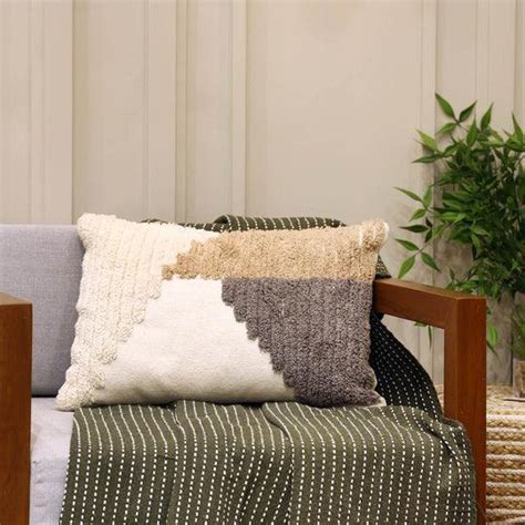 Shop Natural Brown Cotton Geometric Tufted Cushion For Living Room ...