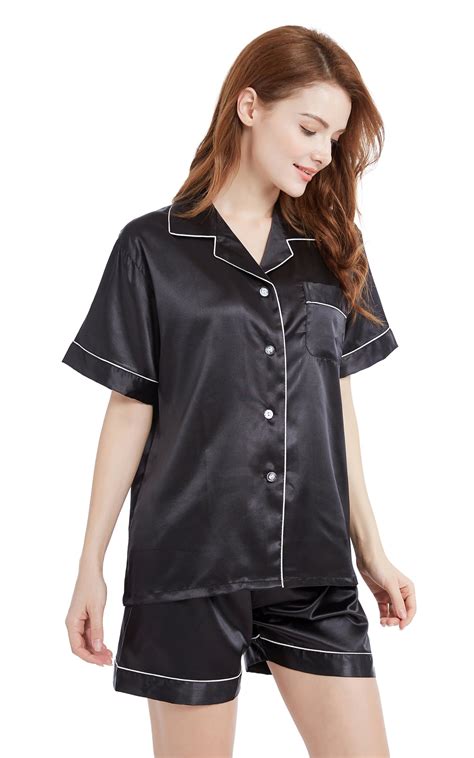 Women's Silk Satin Pajama Set Short Sleeve- Black with White Piping ...