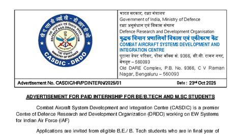 DRDO CASDIC Paid Internship Advertisement for B.Tech & M.Sc Students ...