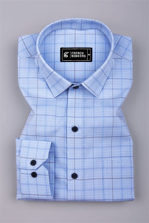 Blue Cotton Shirt with Brown Check Pattern for Men
