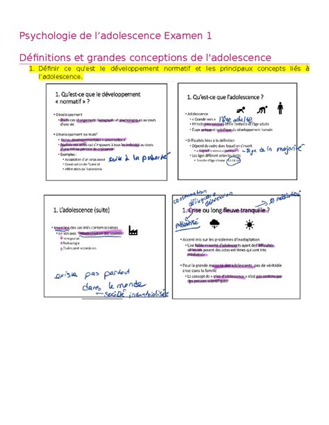 Psycho Ado Examen 1 résumé - Psychologie de l’adolescence Examen 1 Définitions et grandes - Studocu