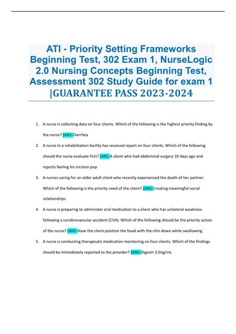 ATI - Priority Setting Frameworks Beginning Test, 302 Exam 1 ...