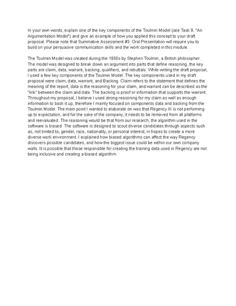 ELM 5 - Key Components of the Toulmin Model in Draft Proposal - Studocu