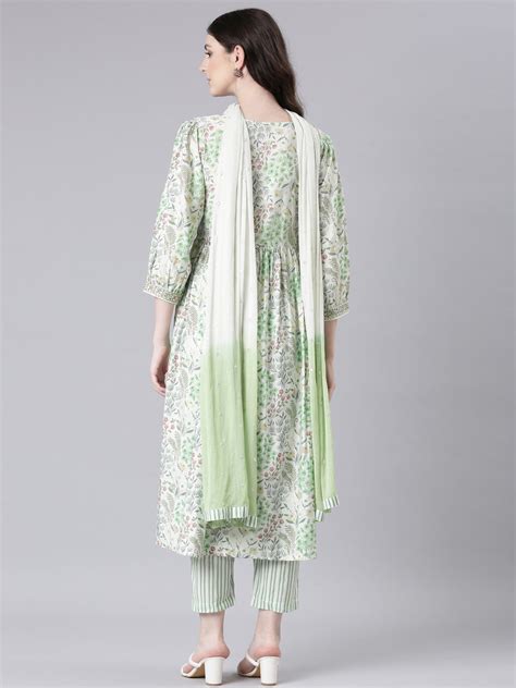 Neerus Lime Green Printed Straight Kurta and Trousers With Dupatta ...