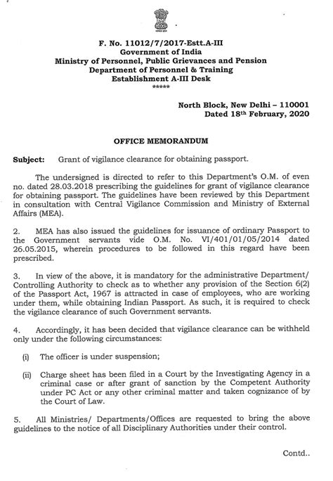 Grant of vigilance clearance for obtaining passport : DoPT Clarification