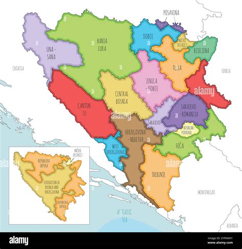 Vector illustrated map of Bosnia and Herzegovina with entities, cantons ...