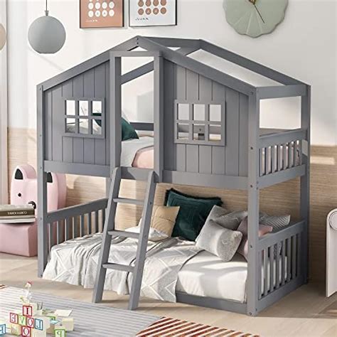 Polibi Wooden Bunk Bed, Twin-Over-Twin House Bunk India | Ubuy