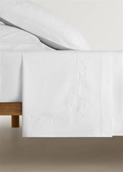 Cotton top sheet with hand-embroidered flower for 135/140 cm bed - Home ...