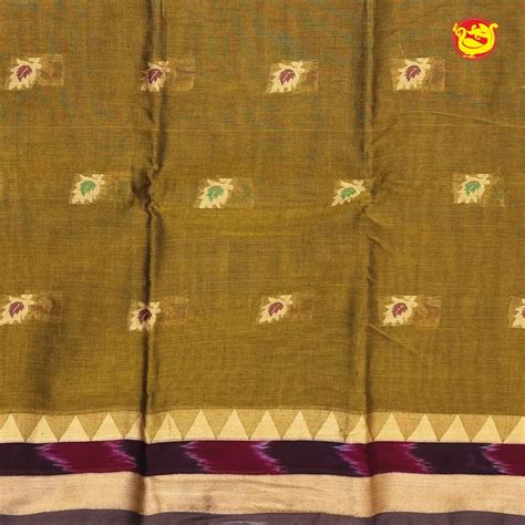 Olive Green with Brown Pure Bengal Cotton Saree without Blouse ...