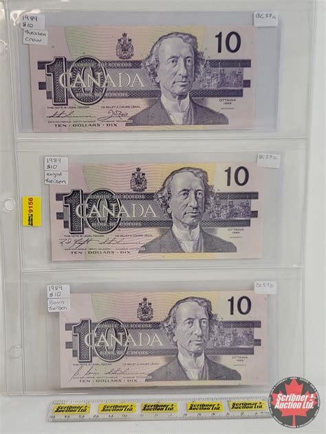 Canada $10 Bills 1989 (3) : - Thiessen/Crow #AEH6009556 - Knight/Thiessen #BEG2312799 - Bonin/Thiess