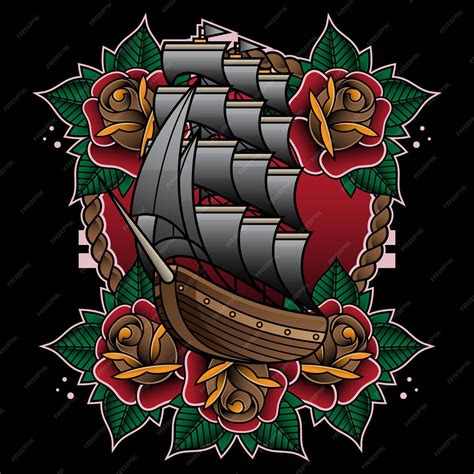 Traditional Pirate Ship Tattoo Flash