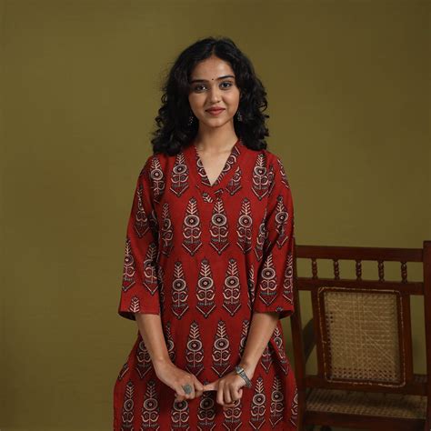 Red Natural Dyed Cotton Block Print Straight Ajrakh Kurta for women