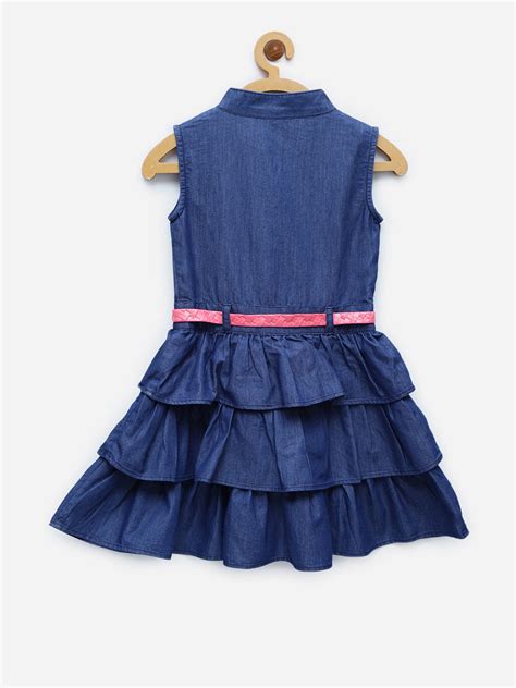 Girls Dark Blue Denim Tiered Rose Patch Dress with Belt – Stylestone