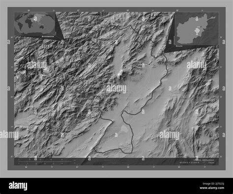 Ghazni, province of Afghanistan. Bilevel elevation map with lakes and rivers. Locations and ...