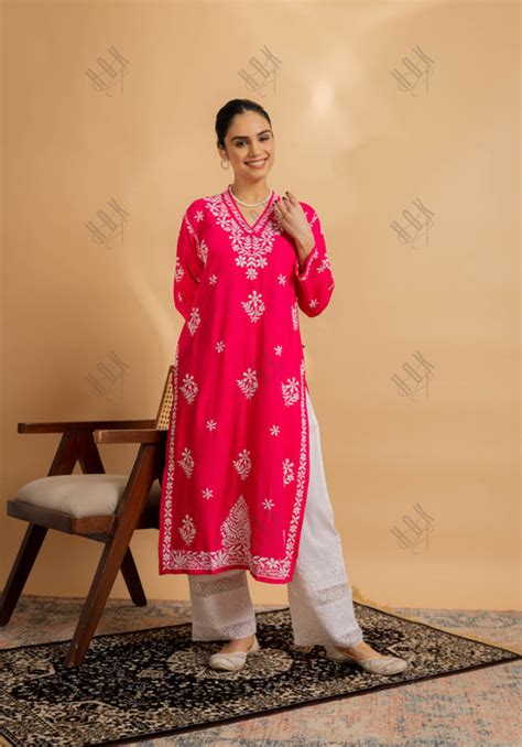 Cotton Blossom Chikankari V-Neck Kurta | Pink Chikankari Kurta Set ...